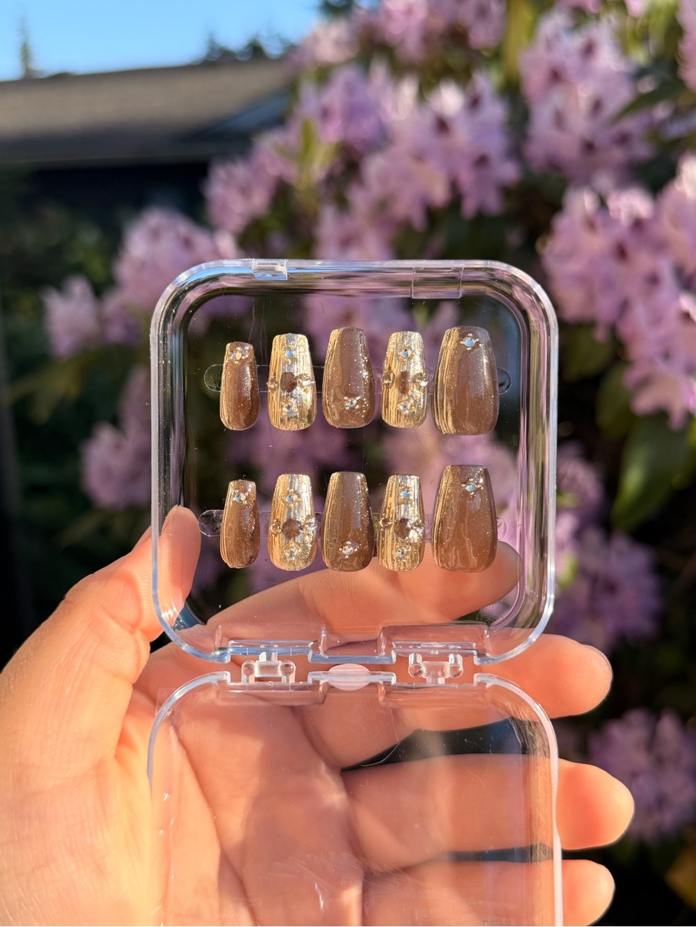 Size S Small Brown and Gold Acrylic Press-On Handmade Nails Set